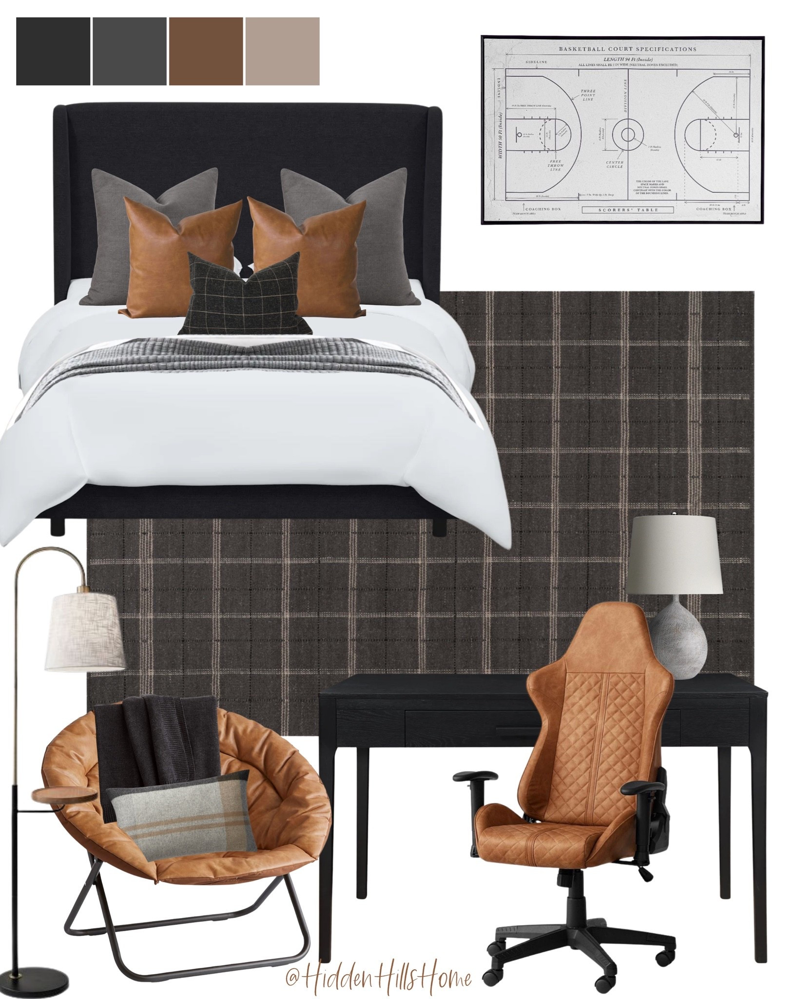 Boys basketball bedroom mood board, teen boys room design inspiration, sports themed bedroom, home decor, boys bedroom, basketball bedroom #teenroom