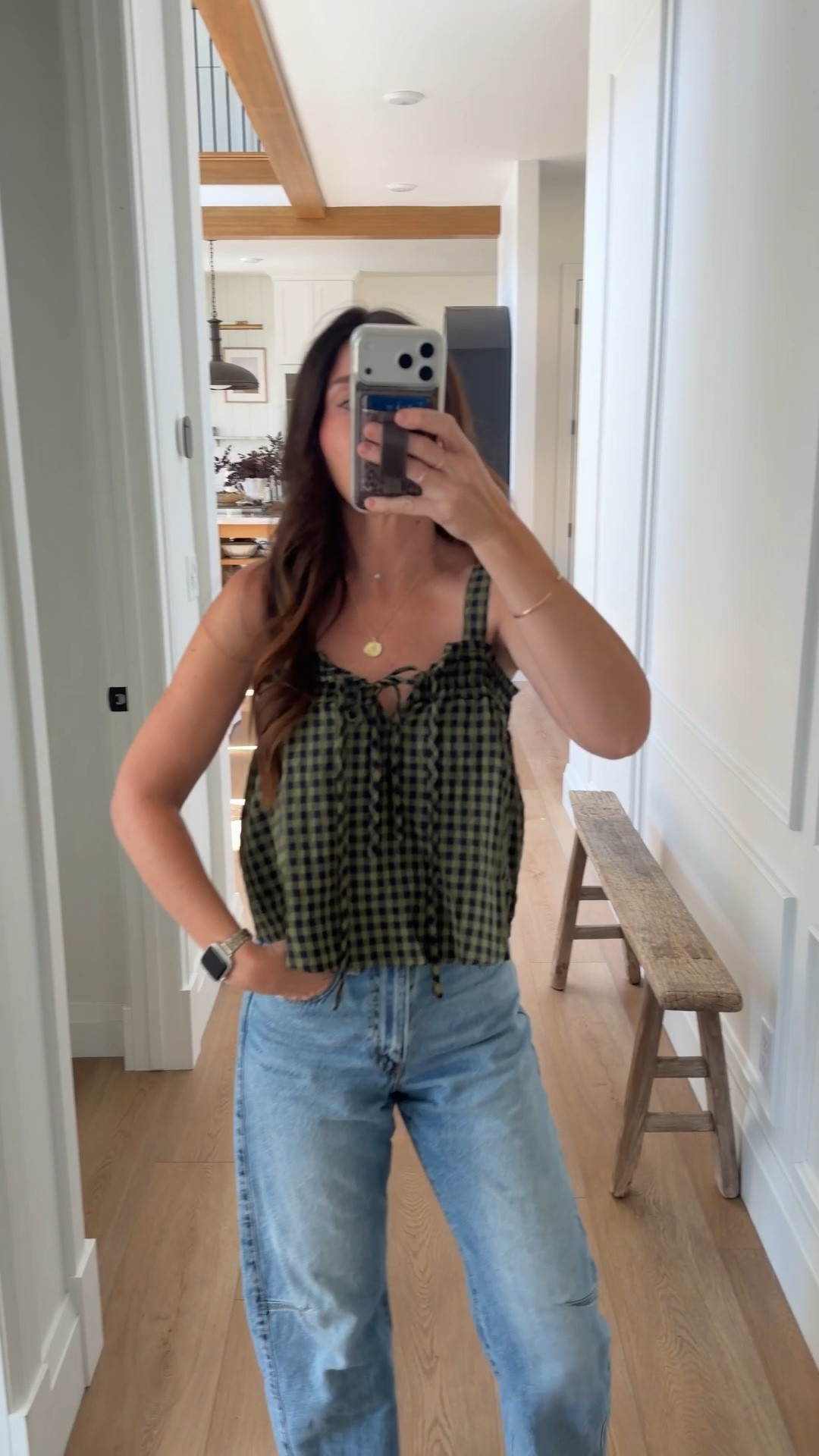 Still obsessing over these Amazon tops! I have it in the blue gingham and the green and navy gingham. So so good for transitioning from summer to fall and it’s super affordable too! 

Also loving these new suede clogs, the shape is so good and the color is perfect. I’ll be wearing these all fall through winter.
 Sizing: wearing a small on the top 25 regular in the denim and I did size up a half size in the clog. 

Amazon fashion, jeans, addendum, Levi’s, Jeffrey, Campbell, suede, clog, slide, fall, fashion, mom, fashion, OOTD, necklace, bracelet ￼

#LTKSaleAlert #LTKootd #LTKSeasonal