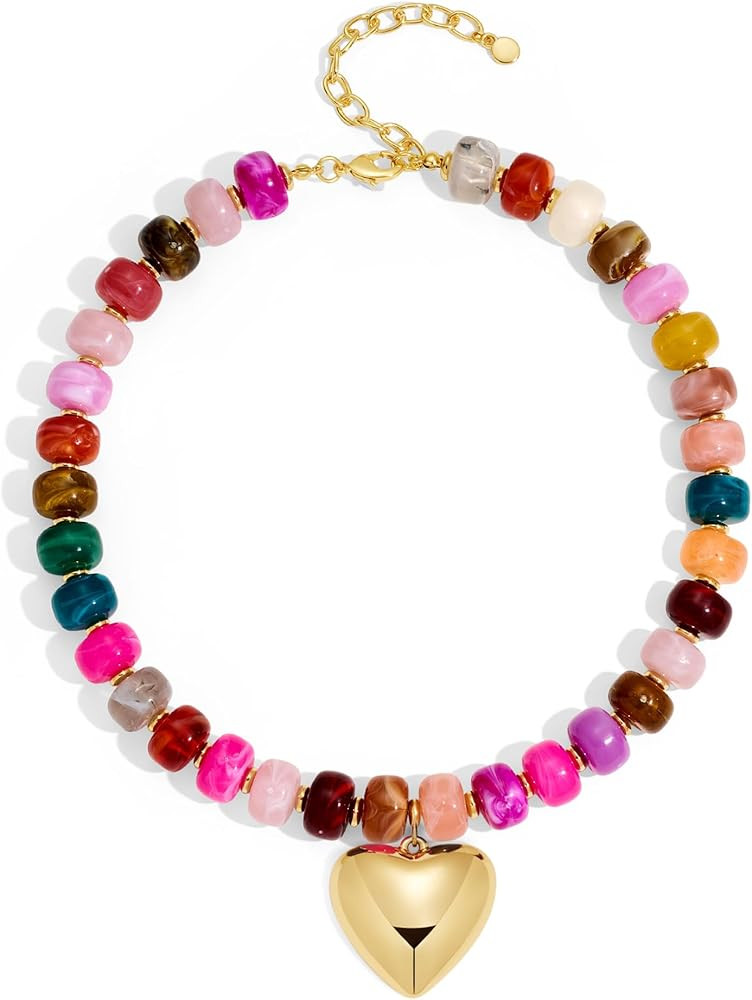 Chunky Beads Necklace for Women Trendy Gold Puffy Heart Choker Necklace Colorful Resin Beaded Hea... | Amazon (US)