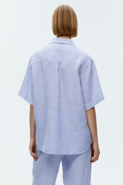 Linen Resort Shirt - Short sleeve - Regular length - Blue/White - Ladies | H&M GB | H&M (UK, MY, IN, SG, PH, TW, HK)