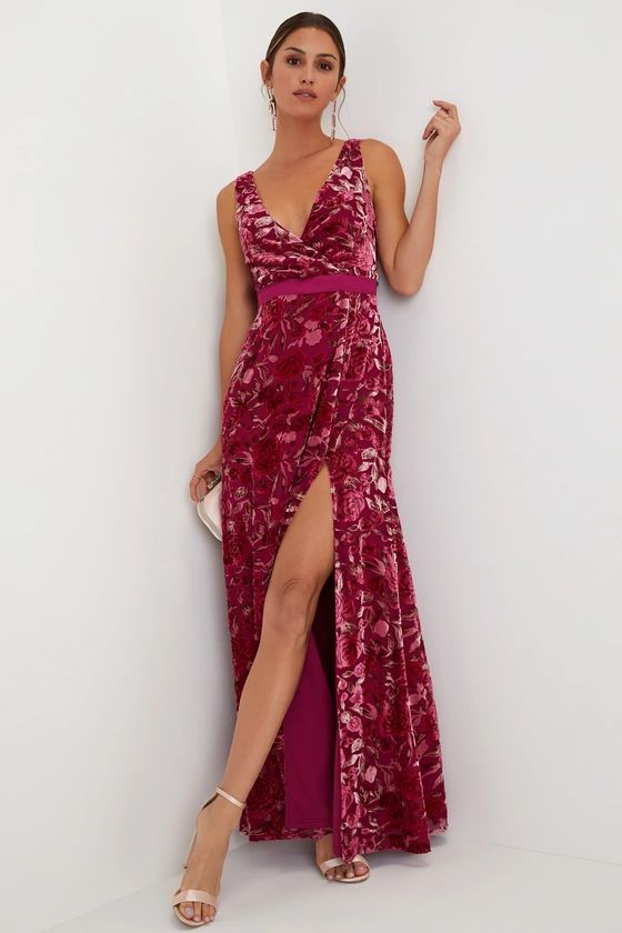 Pretty Perception Magenta Velvet Floral Backless Maxi Dress | Lulus (US)