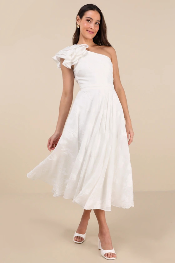Sweet Definition White Burnout Ruffled One-Shoulder Midi Dress | Lulus