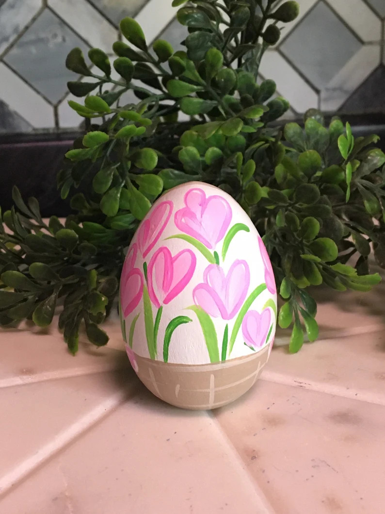 Personalized Easter basket painted egg with name and pink flowers and pink bows - painted Easter ... | Etsy (US)