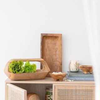 A & B Home 15 in. x 7.5 in. x 8 in. Natural Rectangular Teak Tray with Handle | The Home Depot