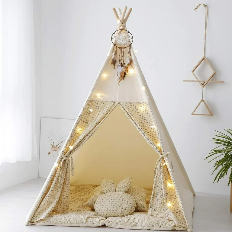 Teepee Tent for Kids with Mat,Foldable Play Tents for Girl and Boy with Carrybag,Canvas Tipi Play... | Walmart (US)
