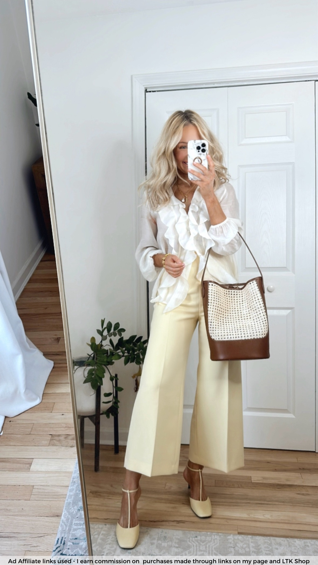 Zara spring outfit
Pale yellow pants
Zara ruffle blouse 