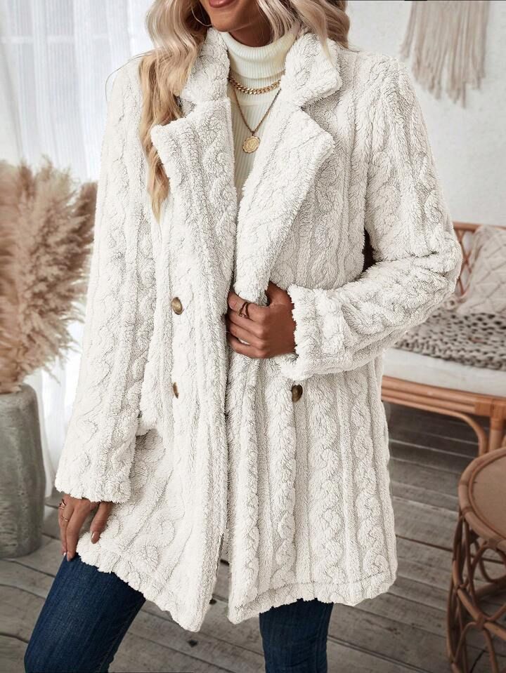 SHEIN LUNE Double Breasted Lapel Neck Teddy Coat | SHEIN