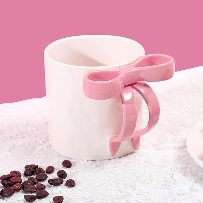12oz Coquette Pink Ceramic Coffee Mug with Pink Bow Handle for Women Coquette Decor Valentine's D... | Amazon (US)