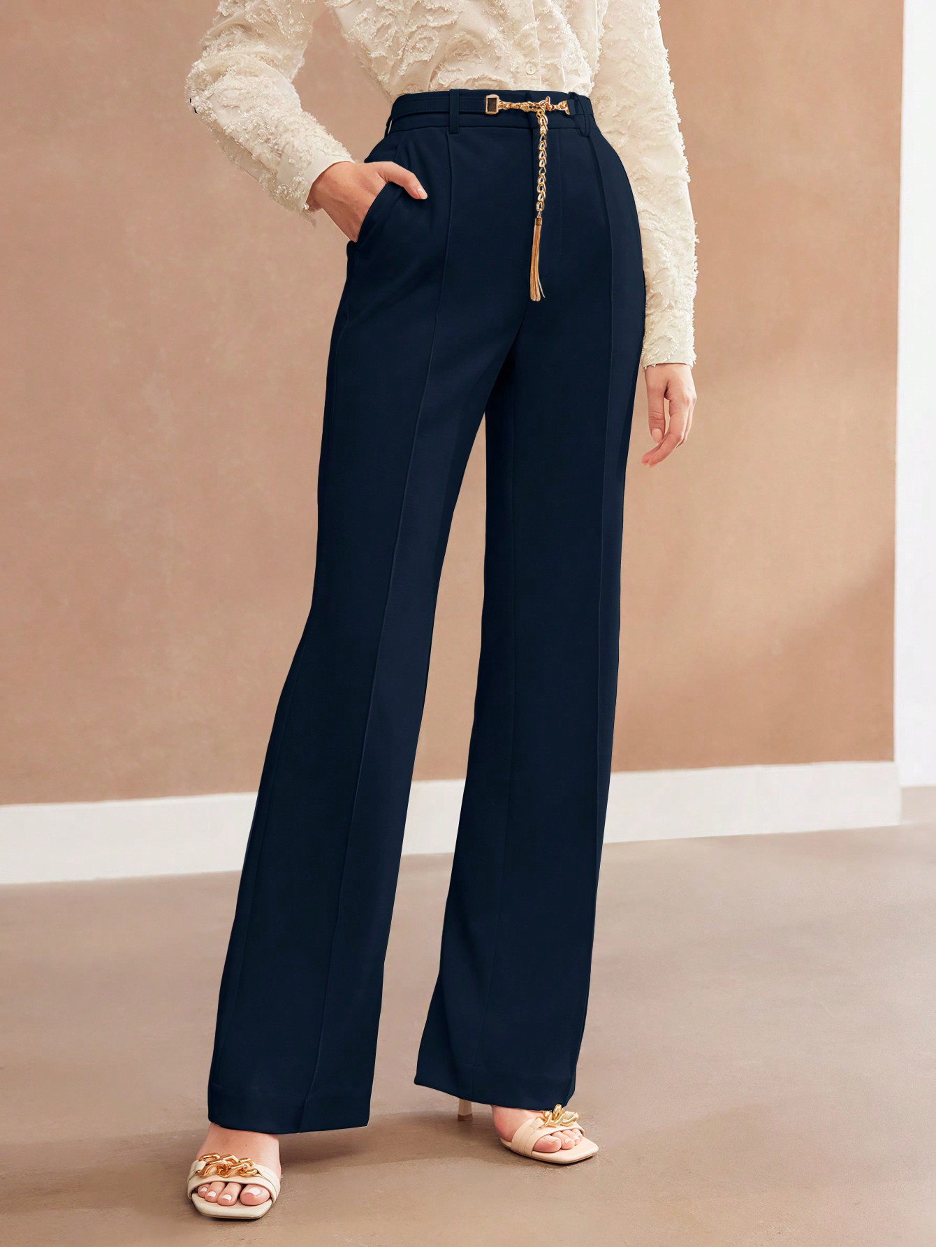 MOTF PREMIUM SOLID CHAIN BELTED FLARE LEG SUIT PANTS | SHEIN | SHEIN