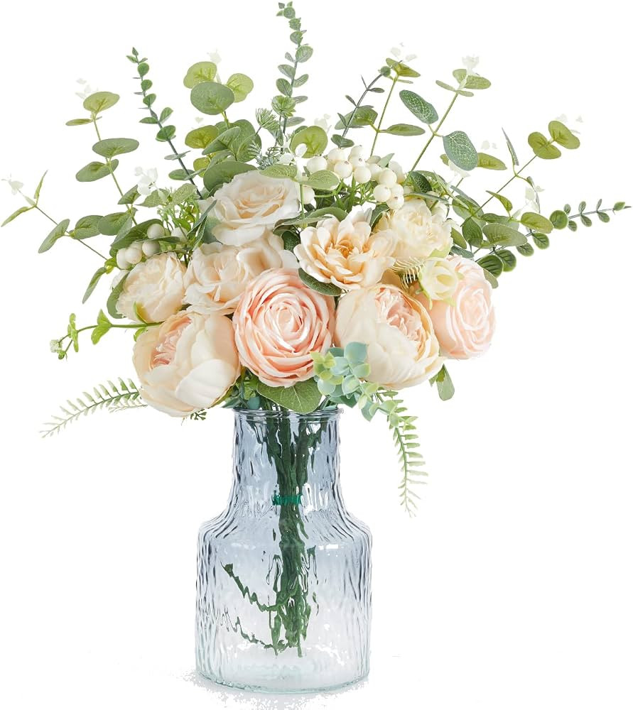 Anna's Whimsy Artificial Flowers with Vase Champagne Roses Peonies Silk Flowers in Vase Faux Flor... | Amazon (US)
