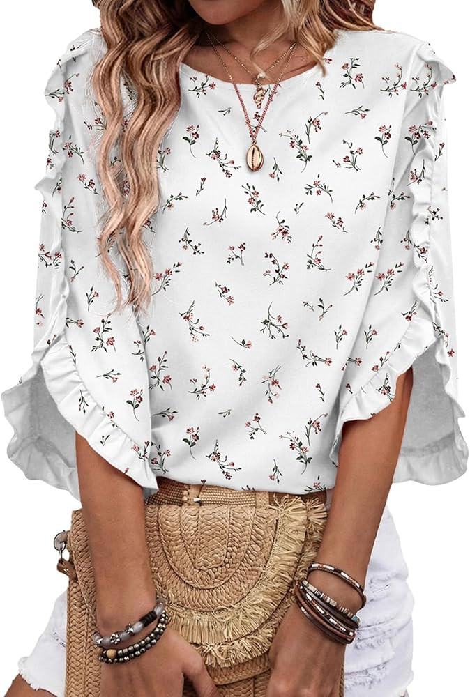 EVALESS 3/4 Length Sleeve Womens Tops Dressy Casual Blouses Crewneck Ruffle Sleeve Shirts Spring ... | Amazon (US)