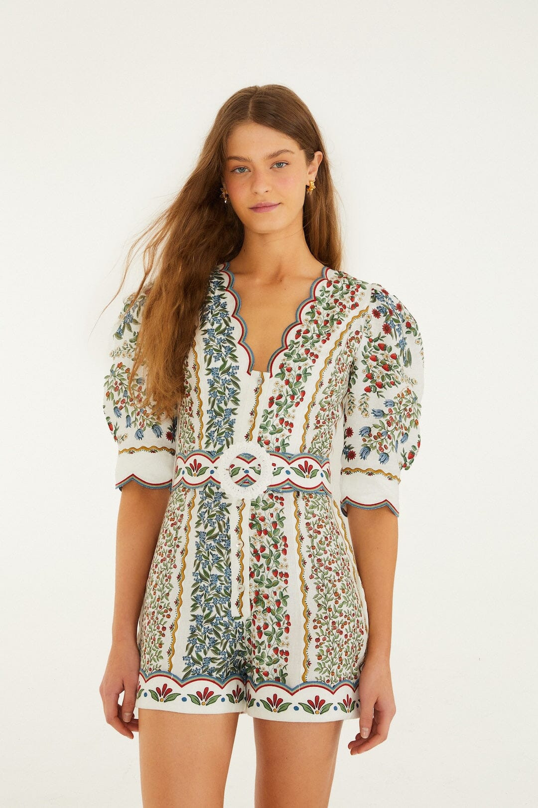 Off-White Fruit Beauty Euroflax\u0099 Premium Linen Mini Cut Out Romper | FARM Rio | FarmRio (US)