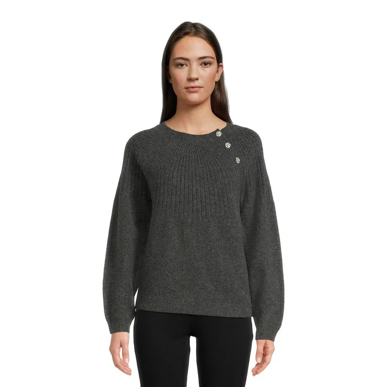 Time and Tru Women's Pullover Sweater with Jewel Like Buttons, Midweight, Sizes S-XXXL | Walmart (US)