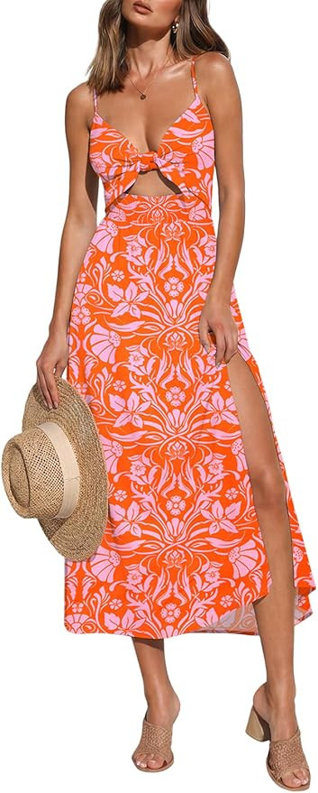 oten Womens Sleeveless V Neck Tie Front Cut Out Floral Maxi Sundress Spaghetti Strap Slit Flowy S... | Amazon (US)