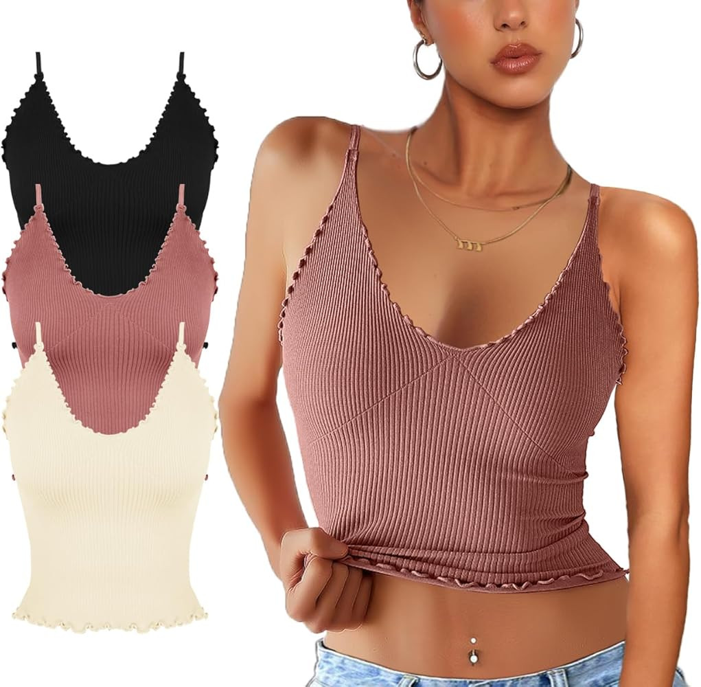 Women 3 Pack Ruffled V Neck Cropped Tops Workout Basic Ribbed Camisole Tank Tops | Amazon (US)