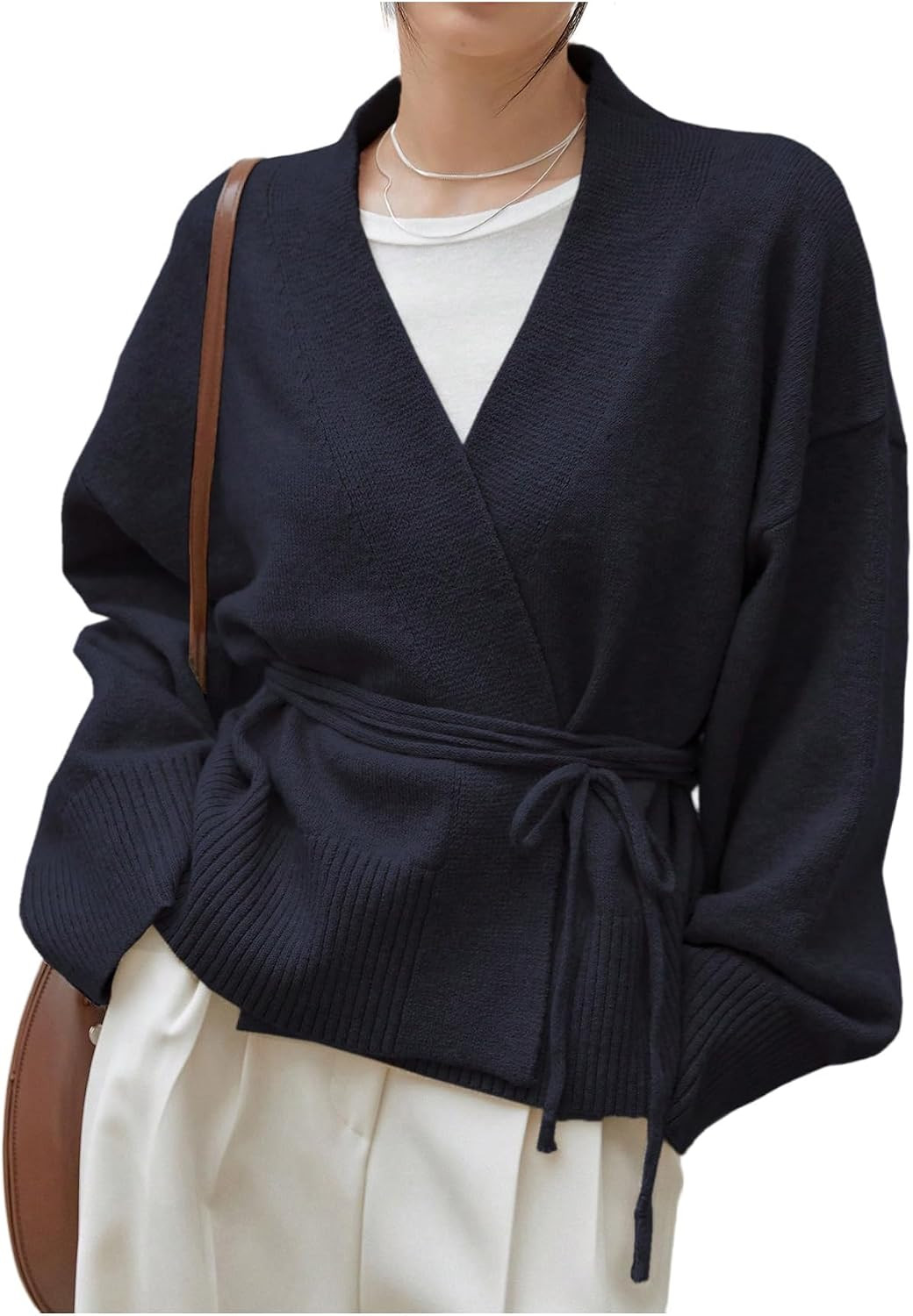 WDIRARA Women's Wrap Tie Front Cardigan Long Sleeve Belted Sweater | Amazon (US)