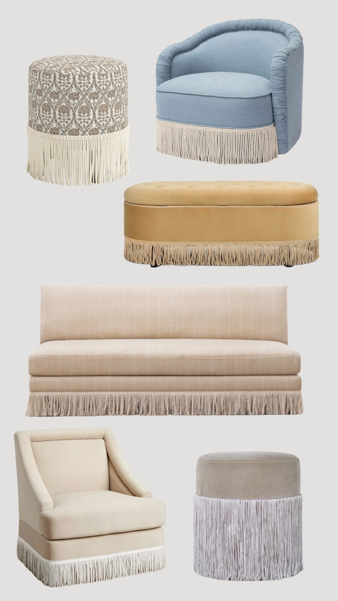 Fringe furniture!

Velvet fringe bench, armless soda with fringe, fringe patterned ottoman, armchair with fringe 
Parisian chic

#LTKStyleTip #LTKHome
