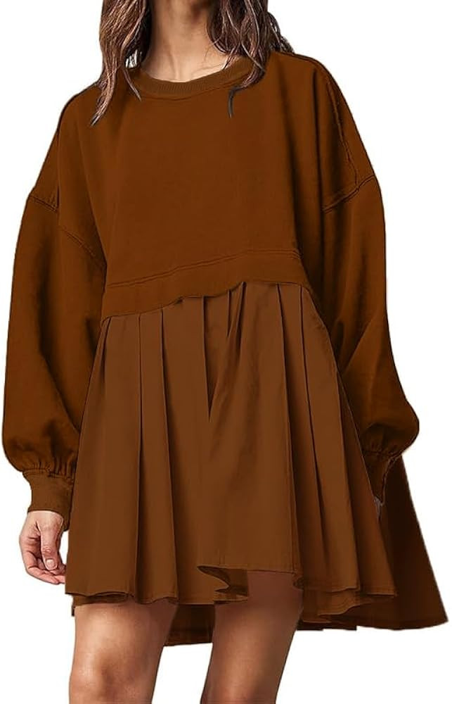 Women Oversized Sweatshirt Dress Long Sleeve Crewneck Patchwork Pleated Relaxed Fit Pullover Tops... | Amazon (US)