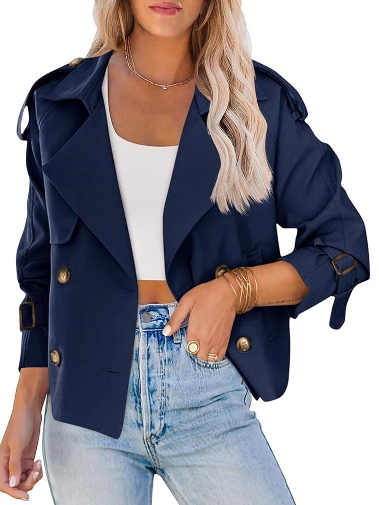Saodimallsu Women Crop Double Breasted Trench Coat Raglan Sleeve Work Office Cropped Jacket With ... | Amazon (US)