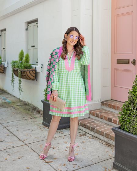 The Style Charade x Sail to Sable Taylor tunic in green gingham with pink trim paired with a Gucci monogram cardigan sweater, Alexandre Birman satin sandals, J. Crew aviator blue light sunglasses, and a raffia scallop Lisi Lerch clutch

#LTKstyletip #LTKSeasonal #LTKunder100