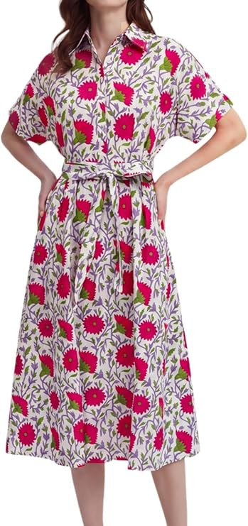 Womens Summer Floral Maxi Dress Short Sleeve V Neck Button Belt Casual Long Flowy Shirt Dress | Amazon (US)