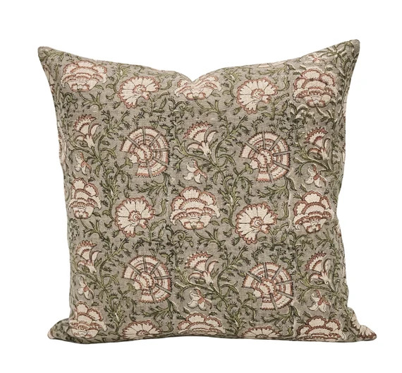 Designer Nisa Mave on Natural Linen Pillow Cover // Grey green and dusty rose Pillow // Boho Pill... | Etsy (US)