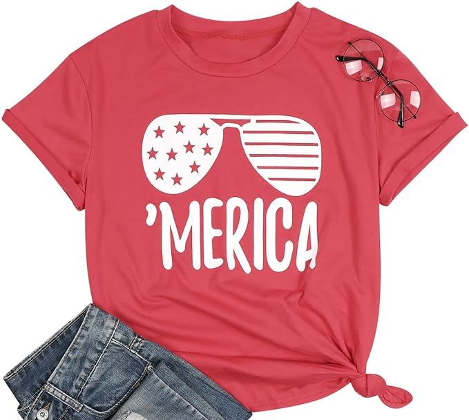 Merica Shirt for Women American Flag Tee Shirts Short Sleeve 4th of July Patriotic Shirts Tops | Amazon (US)