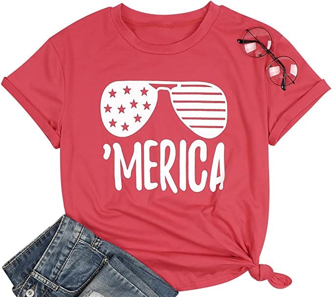 Merica Shirt for Women American Flag Tee Shirts Short Sleeve 4th of July Patriotic Shirts Tops | Amazon (US)