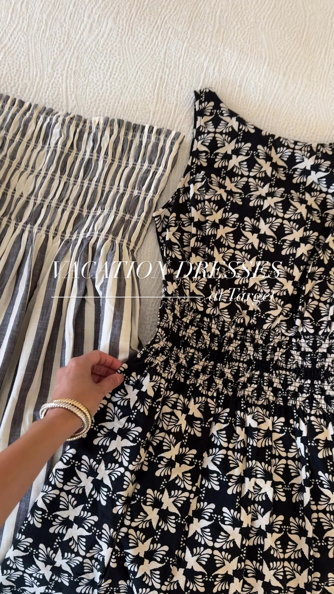 Vacation dresses at Target. 
Designs look like something you would see at Madewell. 
-Strapless maxi dress is a pretty effortless  chic style. True to size. Long for me with flat sandals at about 5’4. $30. 
-Shorter dress has a nice print. Comes in multiple colors. True to size, but ran big for me on top. $25. 
-Spring and Summer woven bag has a shoulder and a crossbody strap. 
-Look for less sunglasses around $15. 
-Woven look slide sandals. True to size. $20. 
-Charm necklace with a palm tree charm. 
-Mixed metals stretch bracelets. 


#LTKFindsUnder50 #LTKOver40 #LTKTravel