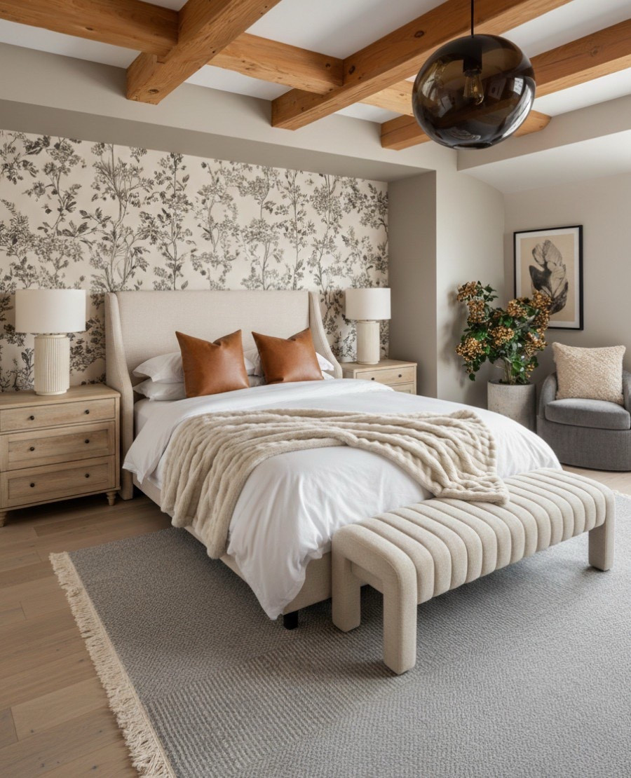A fresh yet grounded bedroom that blends natural texture with soft sophistication.
The botanical wallpaper brings subtle pattern and movement, perfectly complementing the exposed beams above. Light oak nightstands and a ribbed boucle bench introduce warmth and tactile interest, while caramel leather pillows add a rich, earthy accent.

Layered neutrals — from the woven rug to the cozy throw — create a sense of calm and comfort that feels both elevated and effortlessly livable. 

#LTKFindsUnder100 #LTKSaleAlert #LTKHome