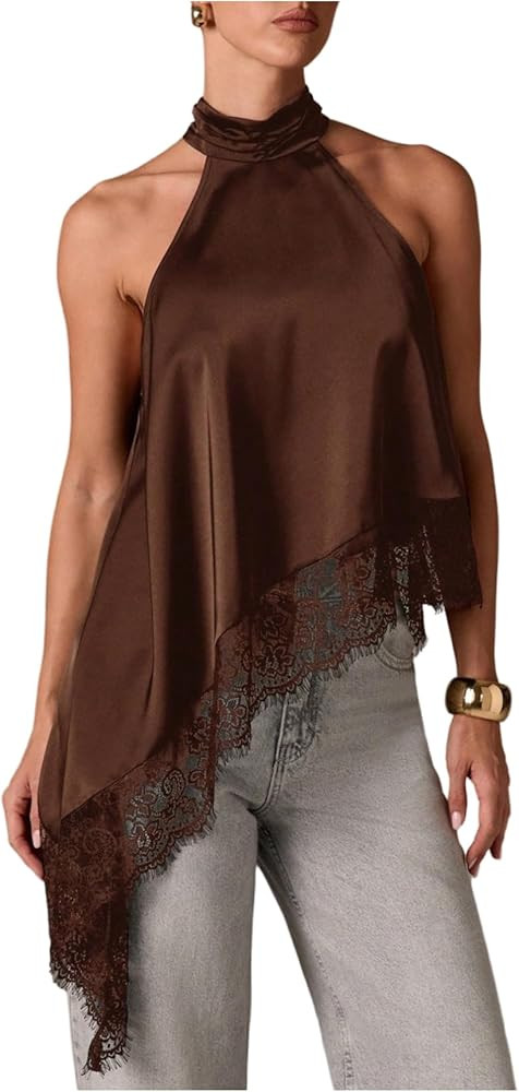 SweatyRocks Women's Lace Patchwork Asymmetrical Halter Top Dressy Sleeveless Flowy Tank Tops | Amazon (US)