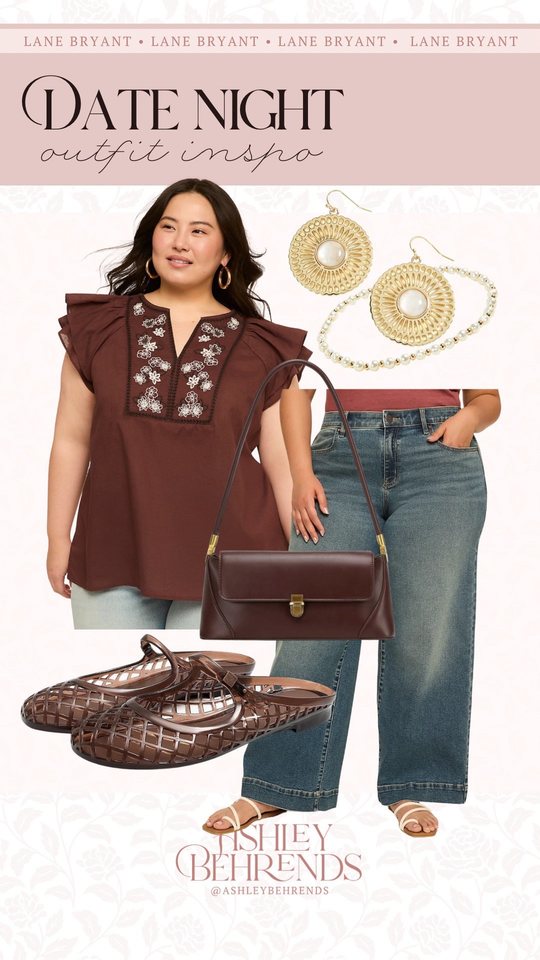 I am in love with this rich espresso  ☕️ brown embroidered top from @Lane Bryant and these wide leg jeans are so flattering. I love the jelly flat trend and these mules are so cute and unique. These earrings and pearl bracelet complete the look. The best part of this look is that these pieces are on sale! 
Early fall date night outfit inspiration

#LTKPlusSize #LTKSeasonal #LTKSaleAlert