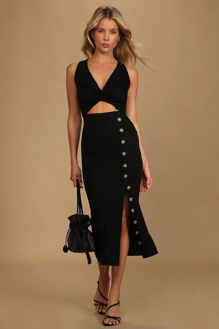 Trend Seeker Black Ribbed Twist-Front Cutout Midi Dress | Lulus (US)