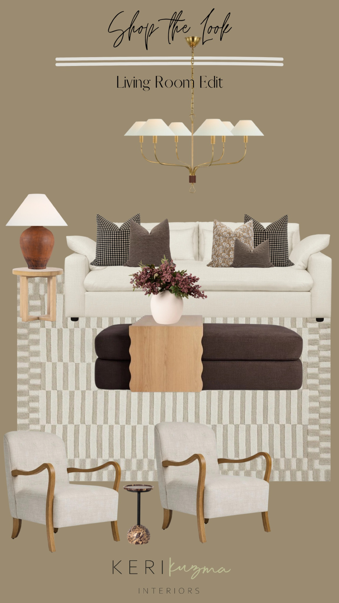 Modern living room, California spanish design, brown interiors, cozy interiors, living room, couch, accent chairs, ottoman, lighting, home design