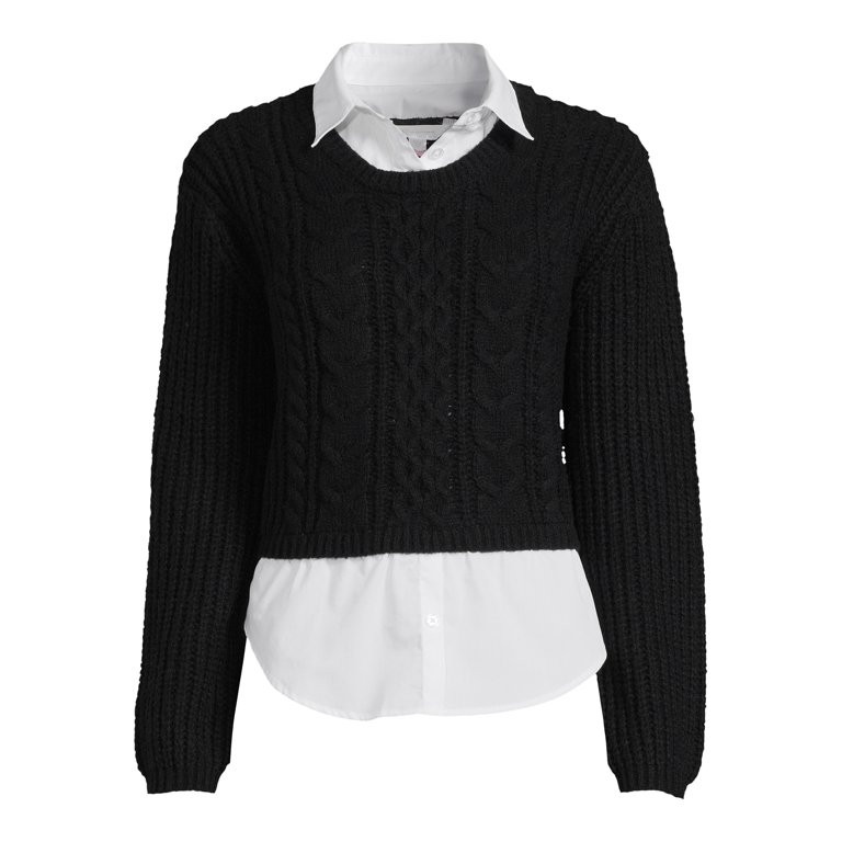 No Boundaries Juniors Cropped Cable Knit Sweater Twofer - Walmart.com | Walmart (US)