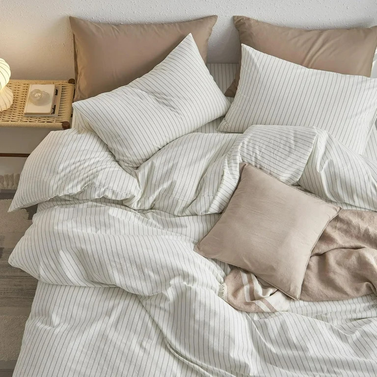 MooMee Striped Duvet Cover Set Queen 100% Washed Cotton Linen Like Textured Breathable 3-Piece (W... | Walmart (US)
