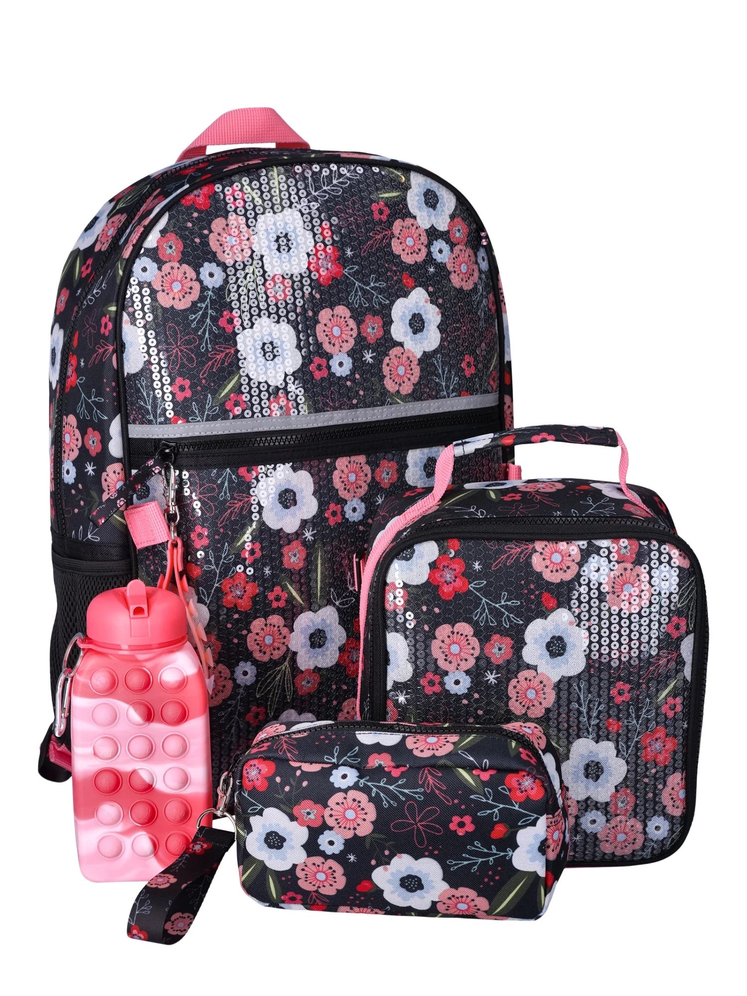 Wonder Nation Girls 17" Laptop Backpack 4-Piece Lunch Bag Set Pretty Blooms, Black | Walmart (US)