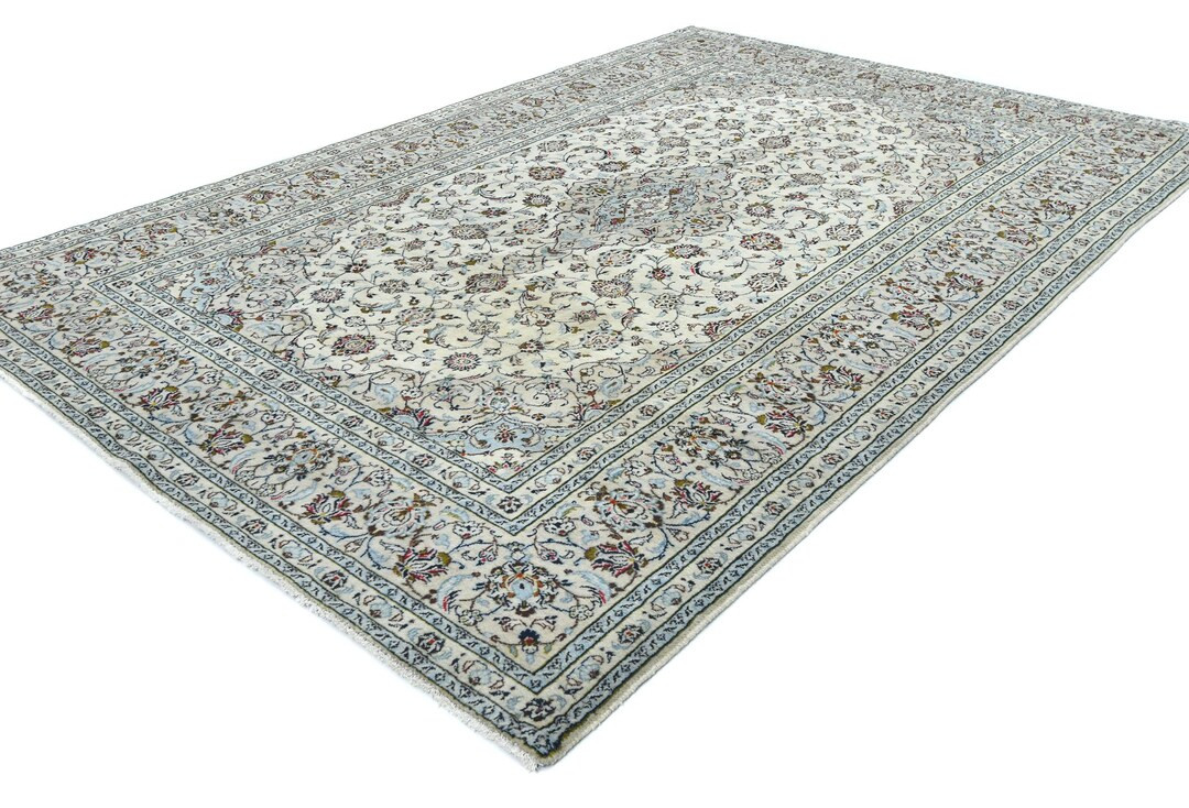 Vintage Hand-Knotted Wool Rug: 6x9 Cream & Light Blue Floral Carpet | Etsy (US)