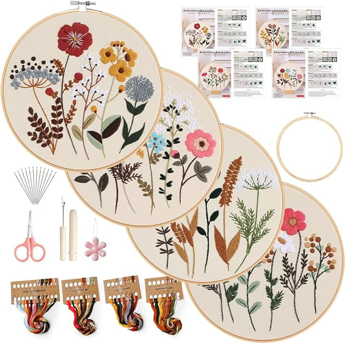 wtisan Embroidery Kit, 4 Sets Embroidery Kit for Beginners with Stamped Flower Pattern, Cross Sti... | Amazon (US)
