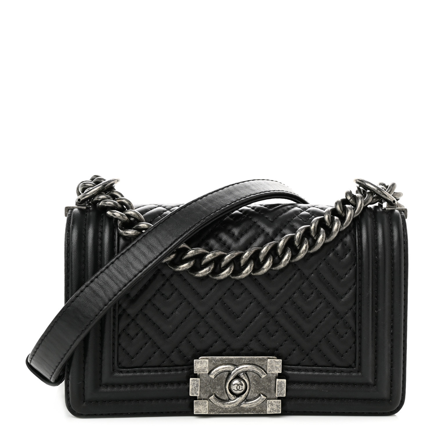 Lambskin Geometric Chevron Quilted Small Boy Flap Black | FASHIONPHILE (US)