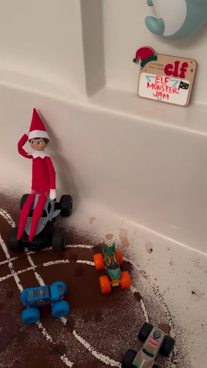 My boys got into Monster Jam this year so I hope they'll love this one😅🏁 Just need cocoa or you can use cinnamon. Make sure the tub is dry, mine had water. Oops🤣 

Been getting questions about this message board. Comment “SIGN” and I'll send you a 🔗 😍

#elfontheshelf #elfontheshelfideas #elfontheshelfadventures