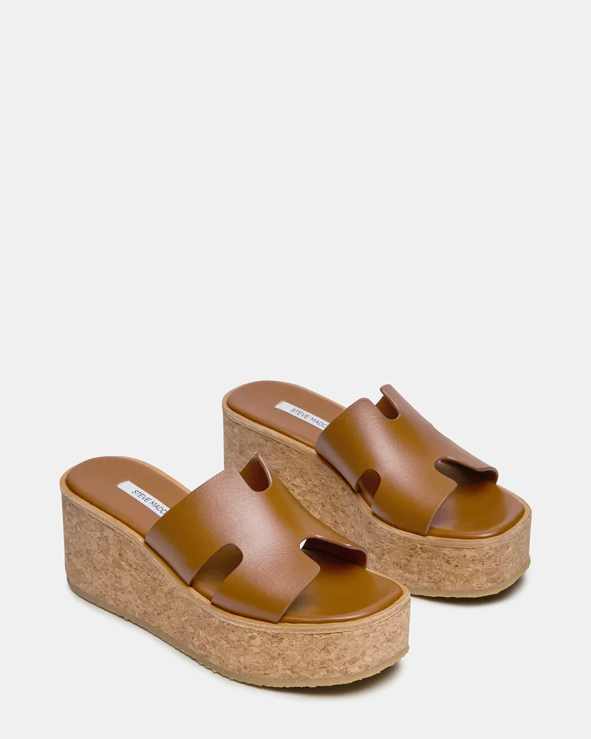 HARMONY Cognac Leather Wedge Mule Cork Platform Women's Sandal | Steve Madden (US)