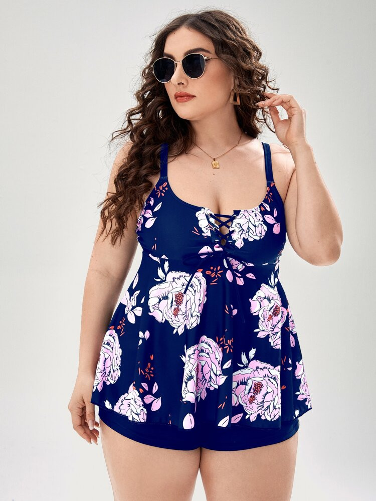 Plus Floral Print Lace-up Bikini Swimsuit | SHEIN