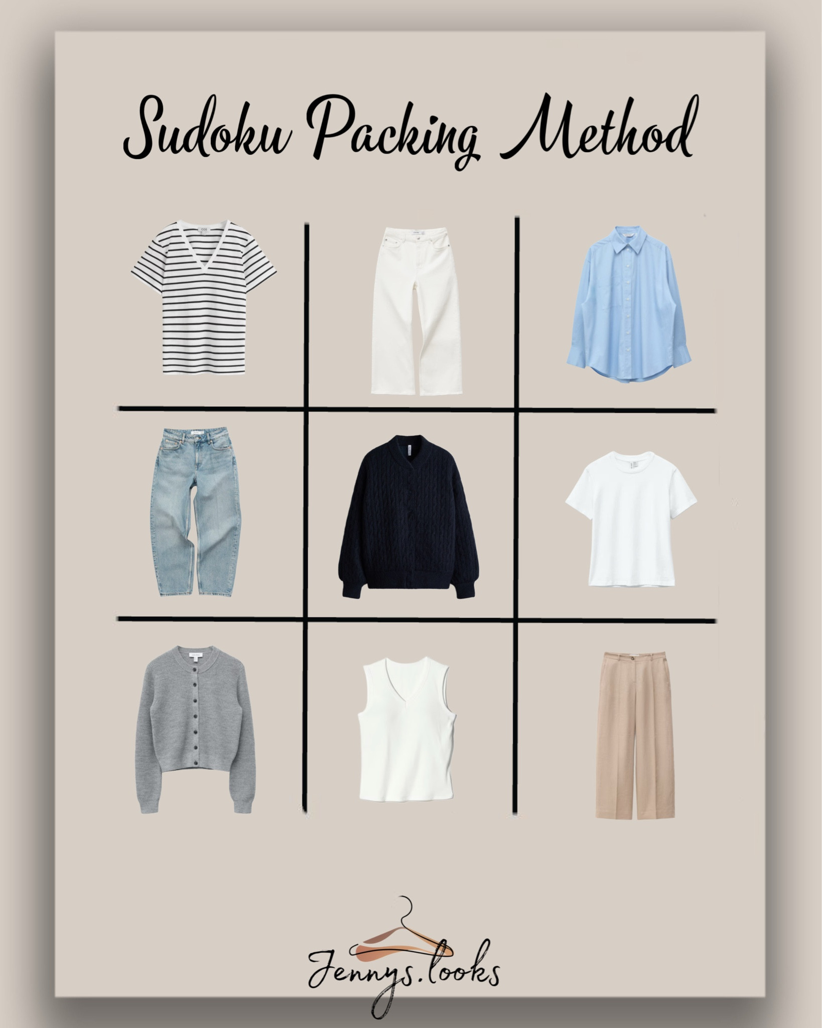 The Sudoku Packing method
Create styles by packing 3 tops, 3 bottoms & 3 layers ♥️

This kind of putting together outfits has been in the field of capsule wardrobe for a very long time. But because of the new name, it is very trendy right now! 😉

#LTKootd #LTKTravel #LTKSeasonal