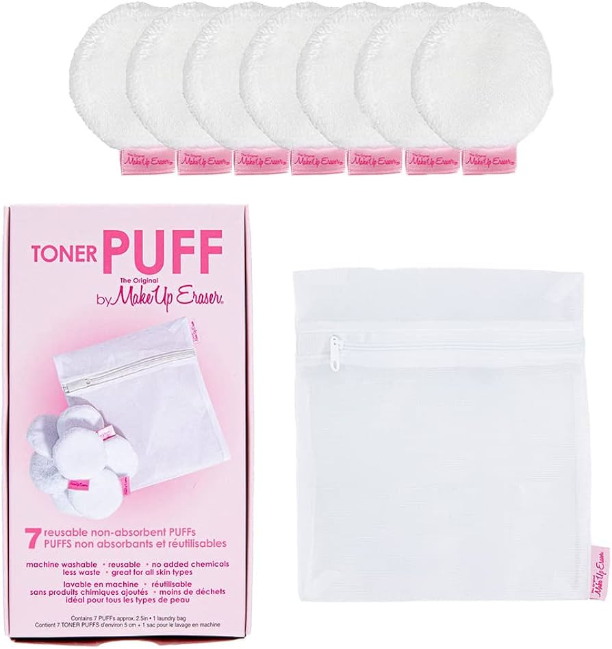 MakeUp Eraser Toner Puff 7pc Set, Reusable and Machine Washable Rounds, Laundry Bag Included | Amazon (US)