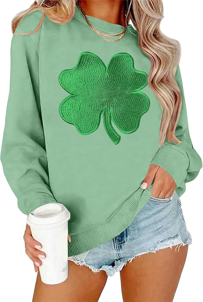 St Patricks Day Sweatshirt Women Embroidery Lucky Clover Graphic T-Shirts St Pattys Gifts Long Sl... | Amazon (US)