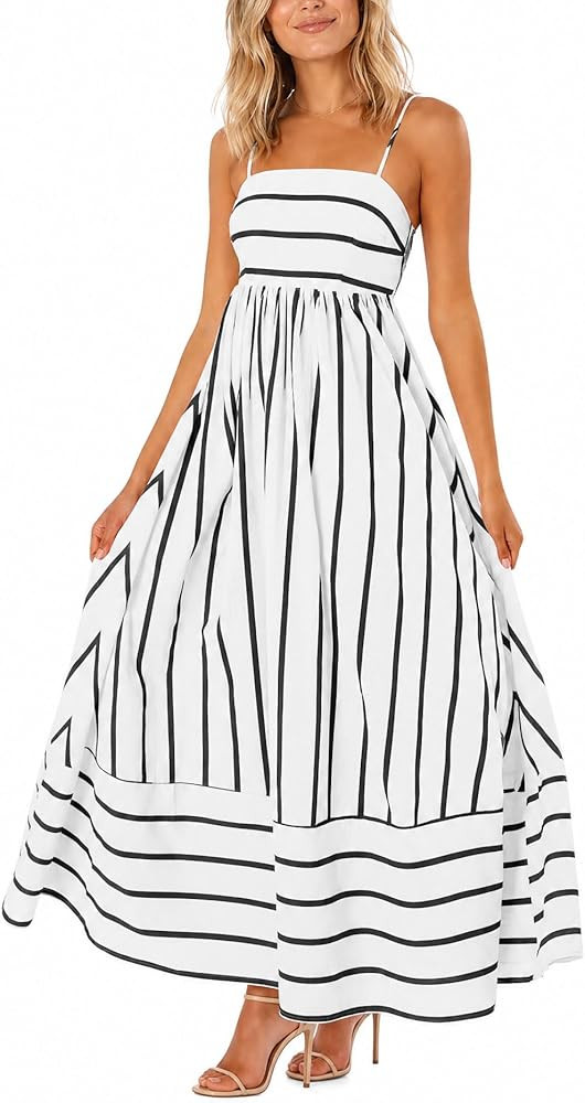 chouyatou Women's Striped Back Smocked Maxi Dress Sexy Spaghetti Strap Cut Out Flowy Swing Long D... | Amazon (US)