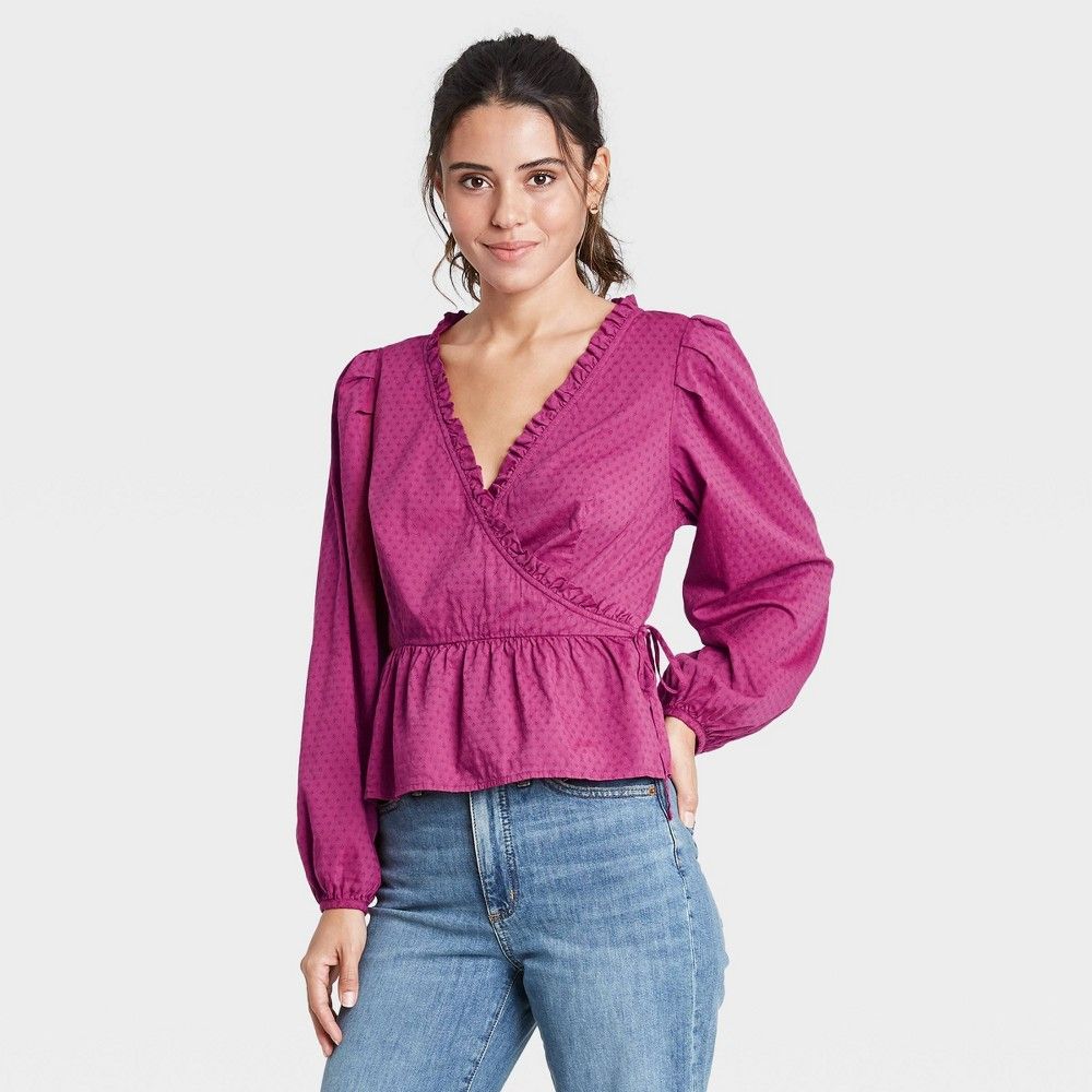 Women's Balloon Long Sleeve Wrap Top - Universal Thread Pink S | Target