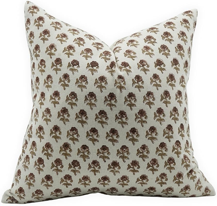 Floral Block Print Pillow Covers, 22x22 Inch Duck Canvas Pillowcase for Boho Fall Home Decor Hand... | Amazon (US)