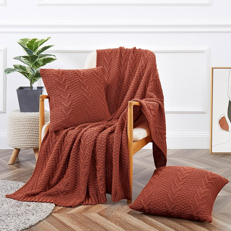 Aormenzy Knitted Throw Blanket (50" x 60") and 2 Pillow Covers (18" x 18"), 3 Piece Rust Throw Bl... | Amazon (US)